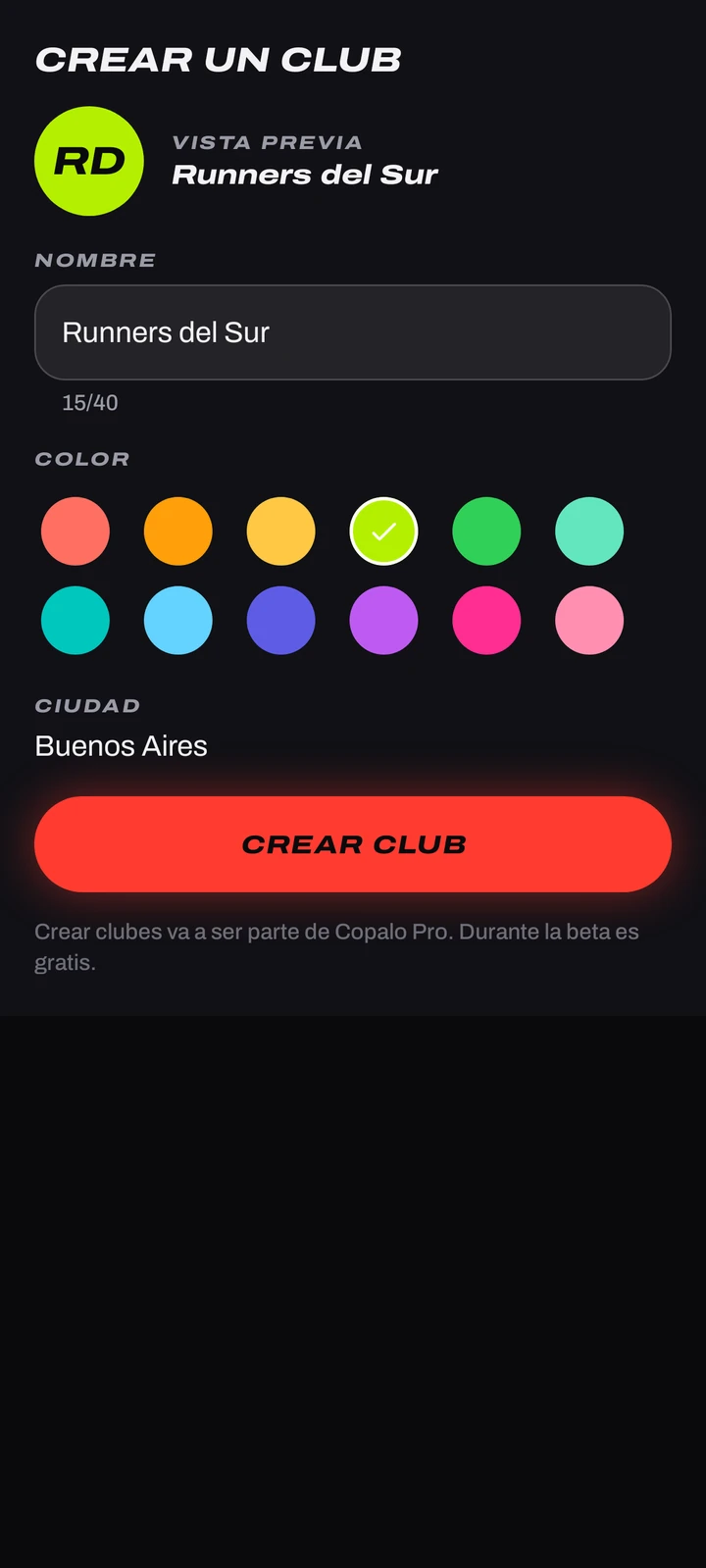 Crear un club en Copalo: nombre, color de la paleta y ciudad, con el botón Crear club.