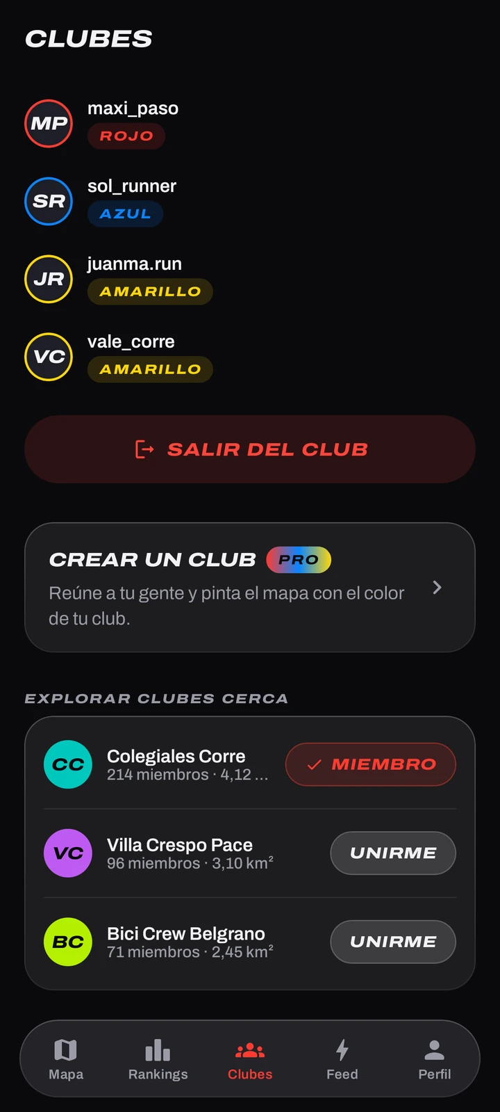 Explorar clubes cerca en Copalo: lista de clubes de la zona con su color, área y botón Unirme.