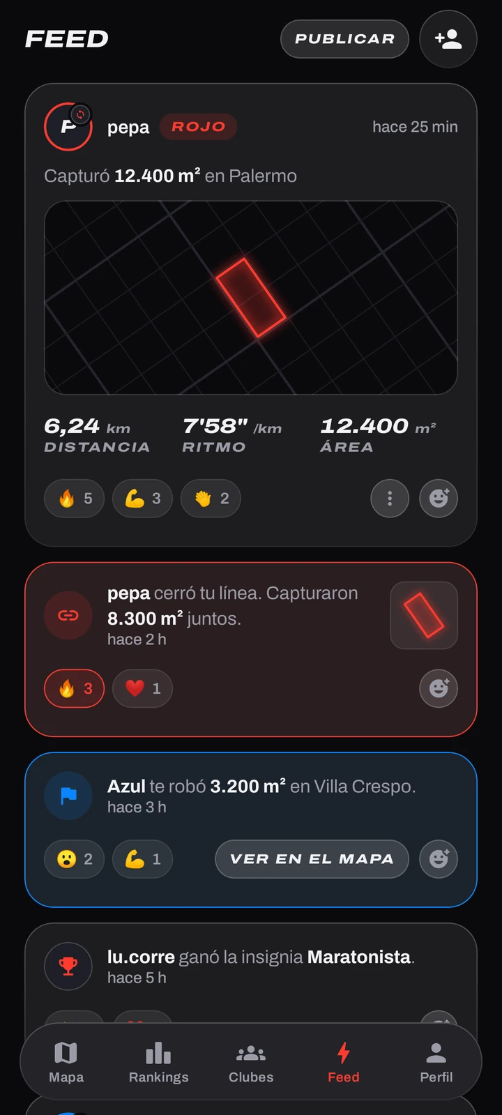 Feed de Copalo: publicaciones de salidas con la miniatura del territorio, distancia, ritmo, área y reacciones.