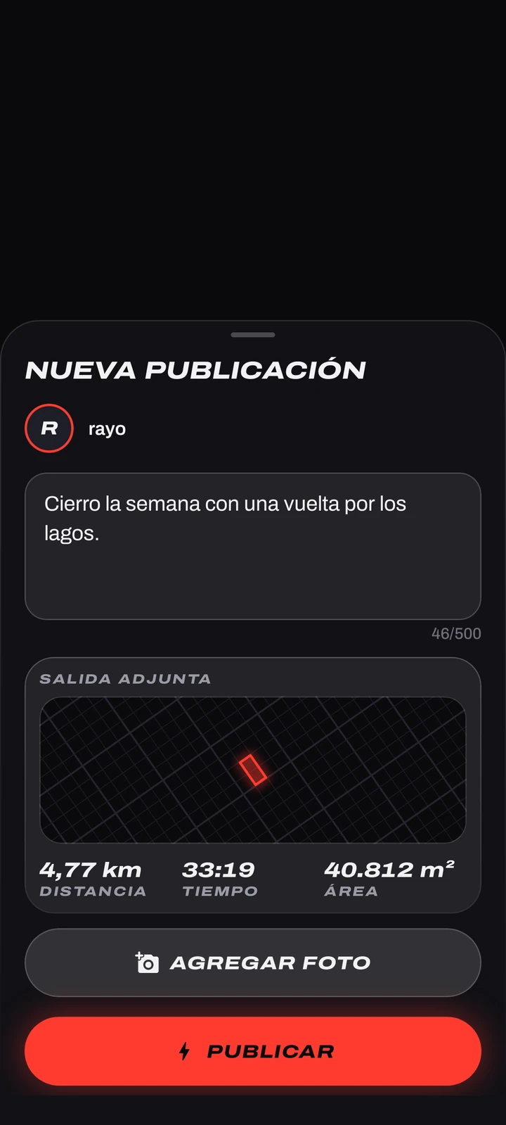 Nueva publicación en Copalo: el texto de la salida, la foto del mapa adjunta y el botón Publicar.