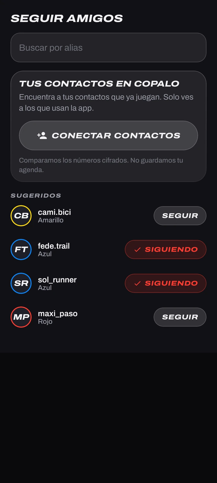 Hoja Seguir amigos en Copalo: contactos que ya juegan, con sus alias y equipo, y sugerencias para seguir.