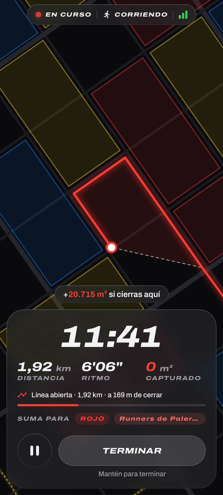 Salida en curso en Copalo: recorrido en vivo sobre el mapa, con tiempo, distancia, ritmo y área capturada.