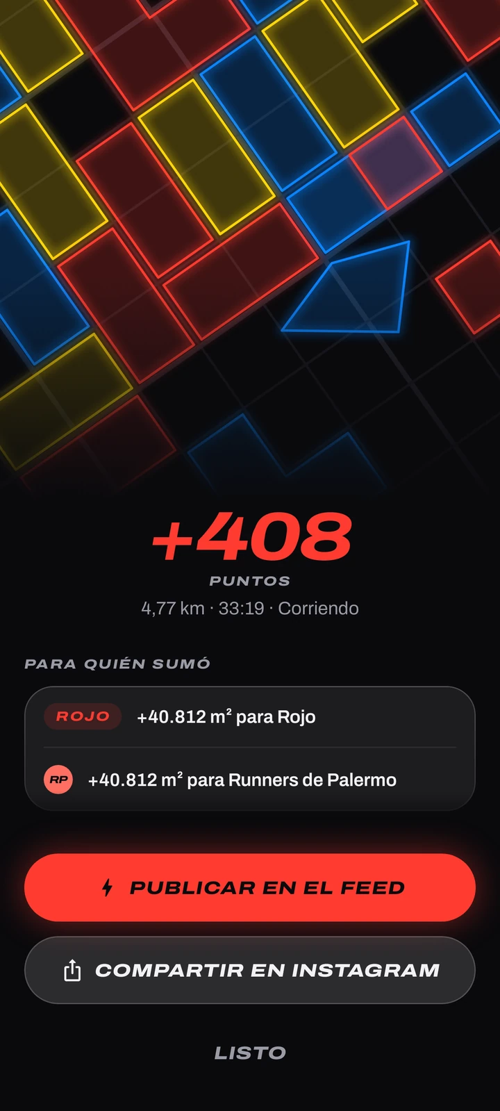 Resumen de una salida en Copalo: +408 puntos, para quién sumó y botones para publicar y compartir.
