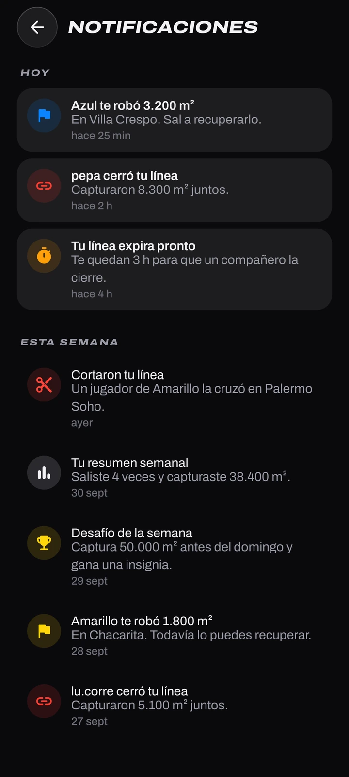Notificaciones de Copalo: te robaron territorio, un compañero cerró tu línea, tu línea expira y el resumen semanal.
