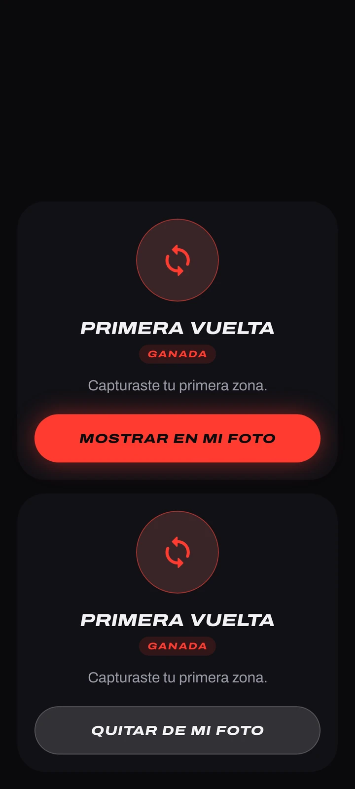 Insignia Primera vuelta en Copalo, con la opción de mostrarla en la foto de perfil.