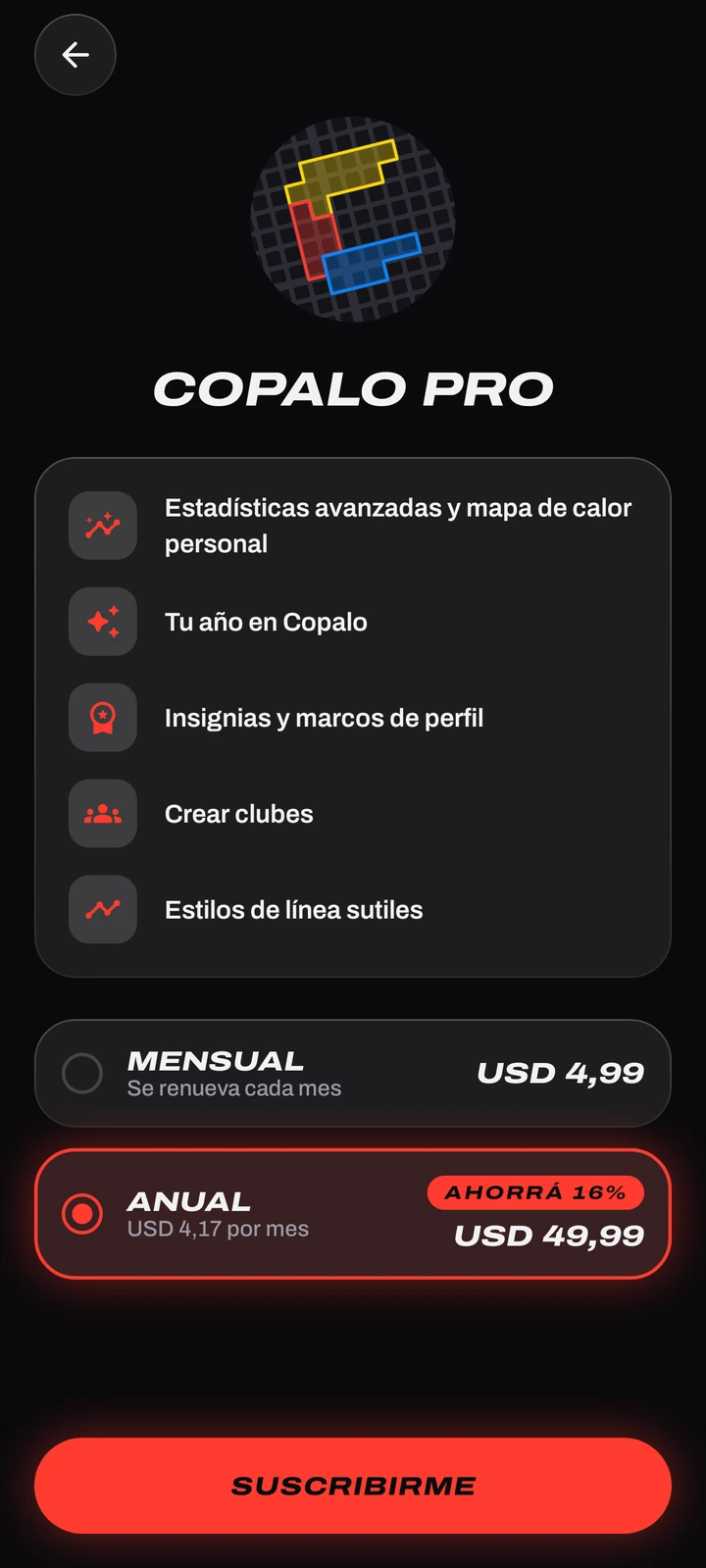 Copalo Pro: estadísticas avanzadas, Tu año en Copalo, insignias y marcos de perfil, crear clubes y estilos de línea.