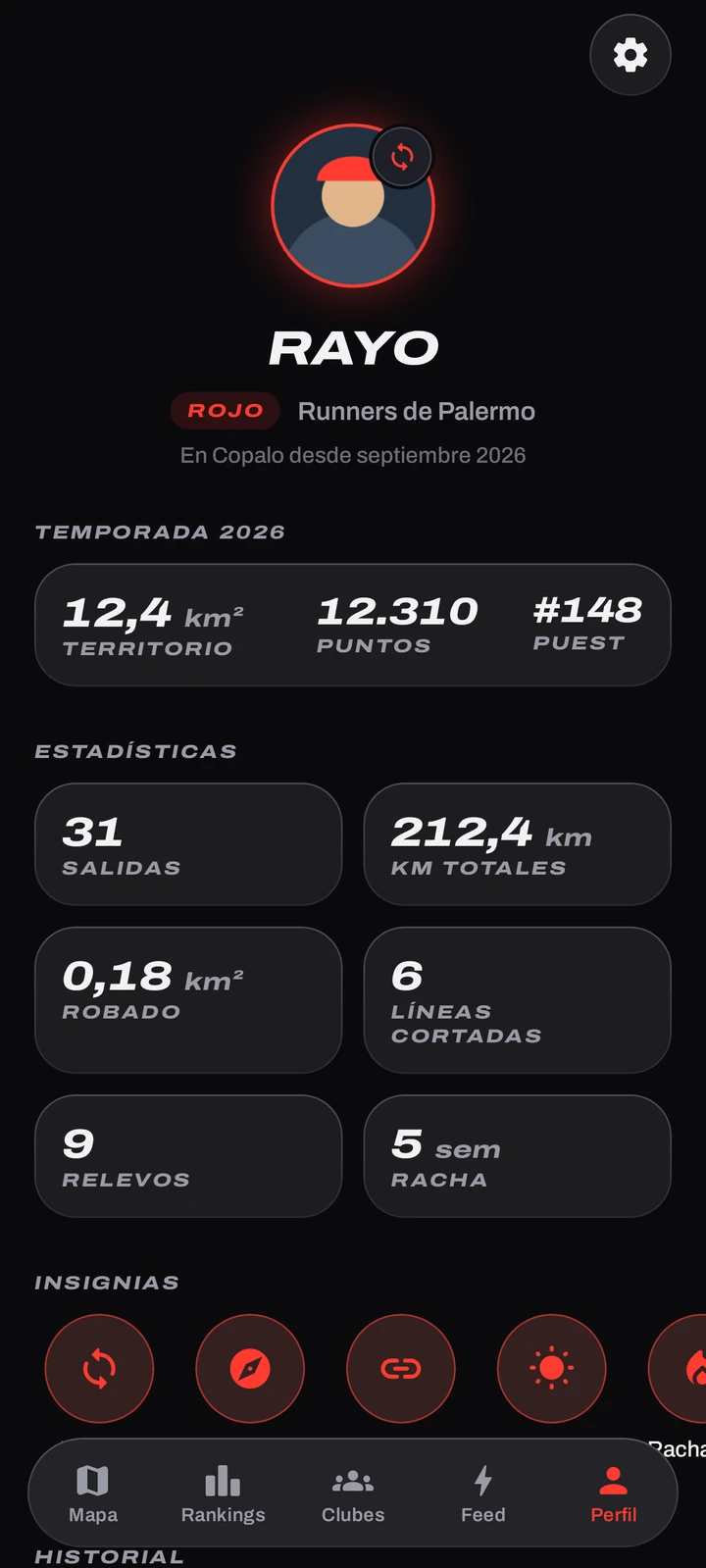 Perfil de Copalo: avatar con la insignia destacada, alias rayo, equipo Rojo y club, con territorio, puntos y puesto de la temporada.