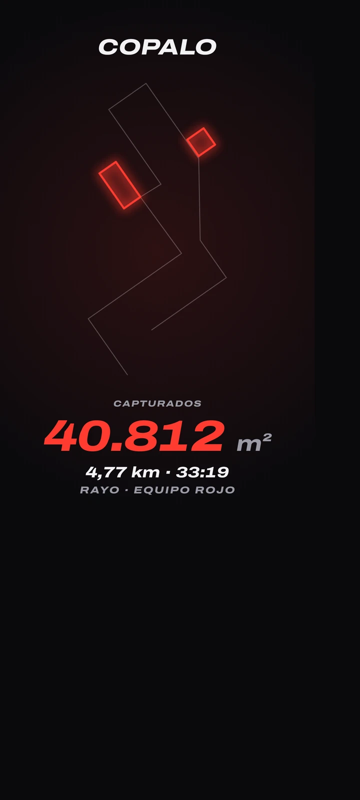 Tarjeta para compartir de Copalo: 40.812 m² capturados, 4,77 km, 33:19 y RAYO · EQUIPO ROJO.