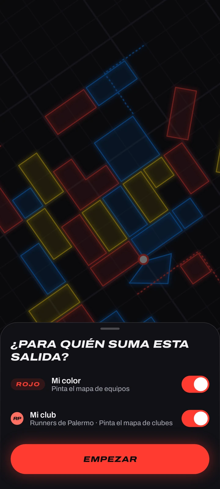 Hoja para empezar la salida en Copalo: interruptores Mi color y Mi club, con el botón Empezar.