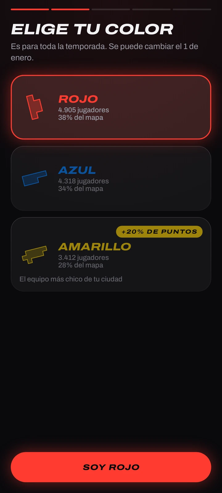 Elegir equipo en Copalo: tres tarjetas Rojo, Azul y Amarillo con el equipo más chico marcado +20 % de puntos.