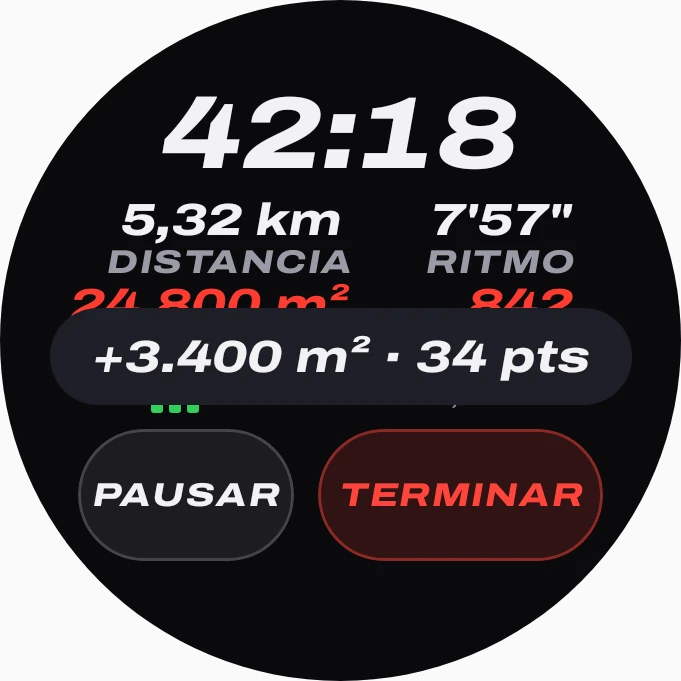 Aviso de captura en el reloj con Copalo: ¡Capturado! +3.400 m² y 34 puntos.