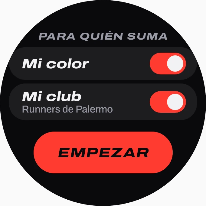 App de Copalo en el reloj: elegir para quién suma la salida con Mi color y Mi club.