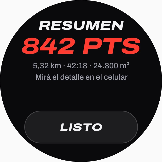 Resumen de la salida en el reloj con Copalo: 842 puntos, 5,32 km, 42:18 y 24.800 m².